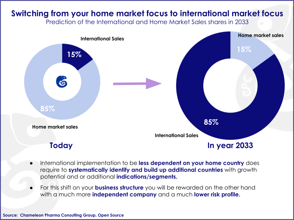 Graph showing that in 2033, the international sales will represent 85% of a business compared to 15% for the home market