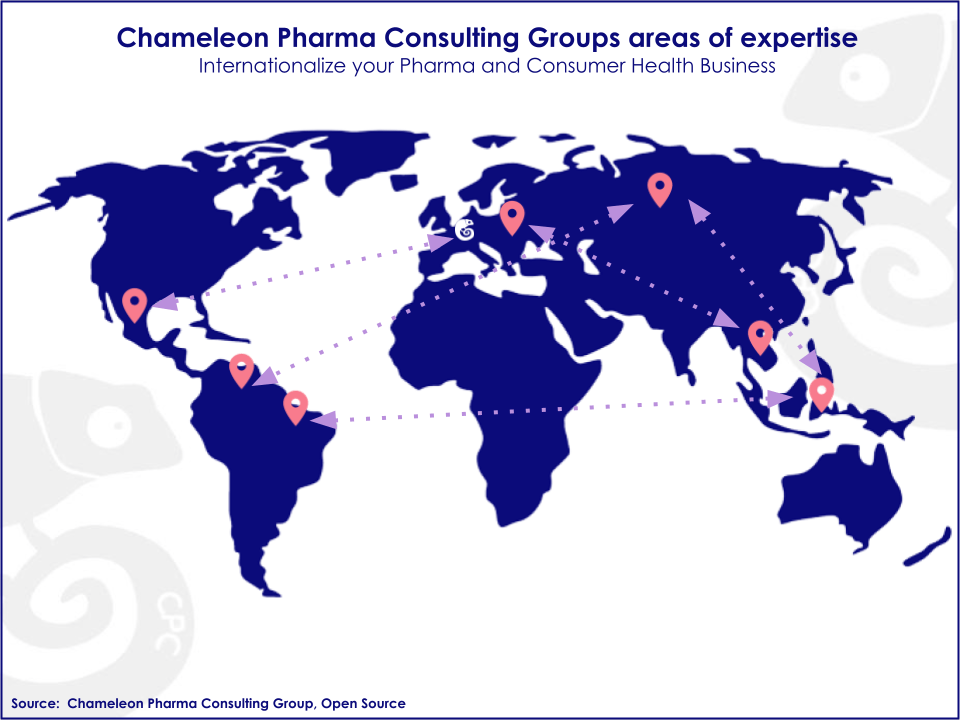 World map with location pins in Latinamerica, Asia and Europe as the markets where Chameleon Pharma Consulting works