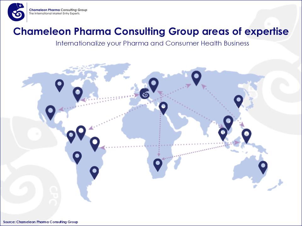 Chameleon Pharma Consulting Group Areas of Expertise world map with CPC presence