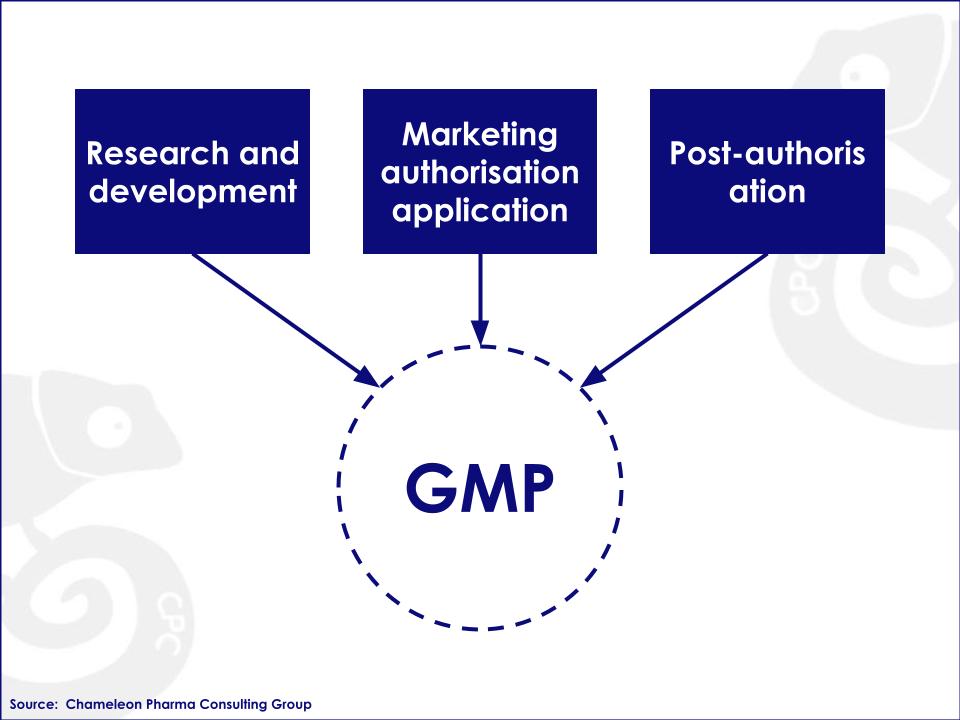 GMP Stages Components of GMP: R&D, Market Authorization application, Post-authorization