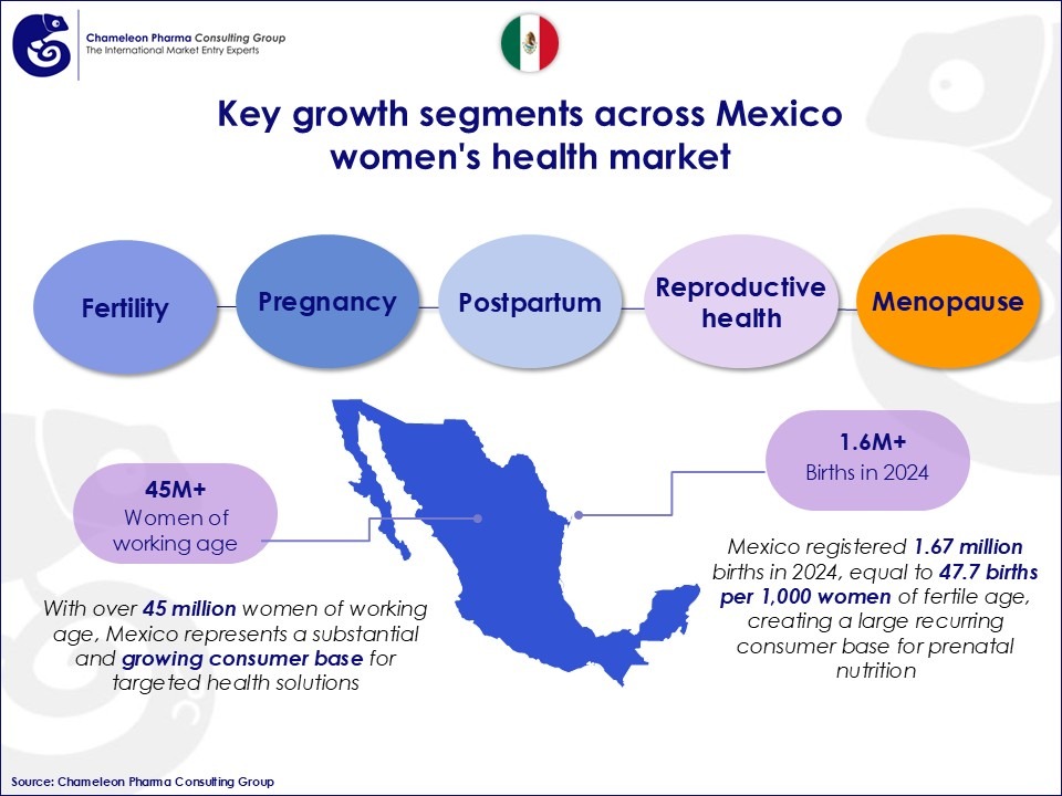 Infographic showing key growth segments in Mexico’s women’s health market, including fertility, pregnancy, postpartum, reproductive health, and menopause. It highlights over 45 million women of working age and more than 1.6 million births in 2024, supporting demand for prenatal nutrition and targeted women’s health solutions.