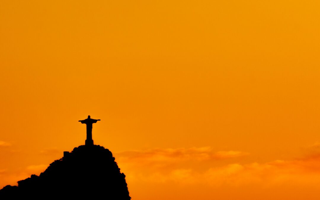 View of the Corcovado under an orange sunset