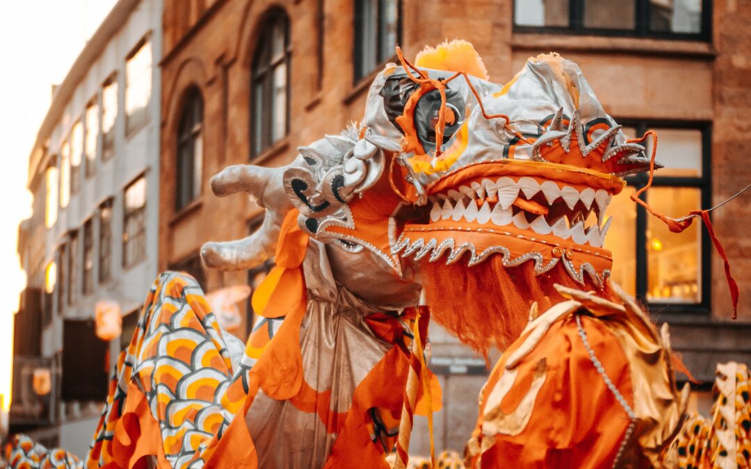 Orange Chinese Dragon about to do the Dragon Dance for Chinese New Year's
