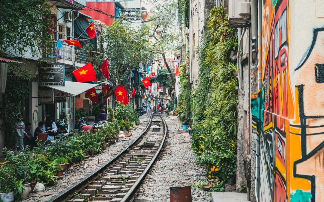 Traditional street in Vietnam with flags in the wind