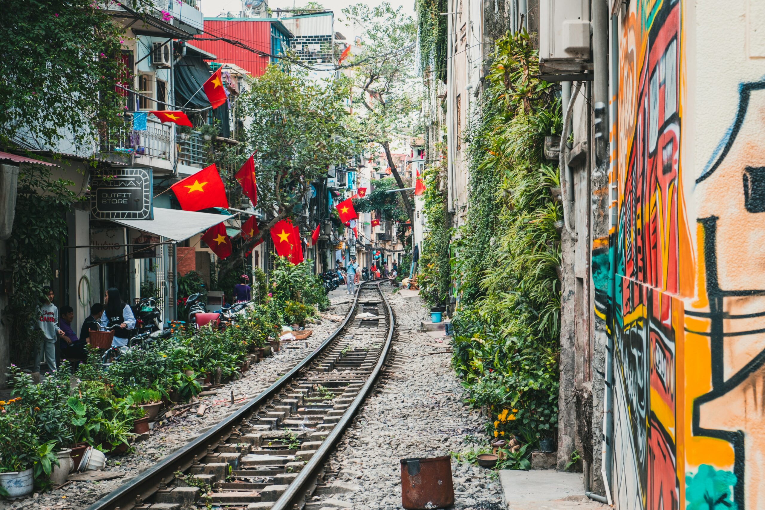 Traditional street in Vietnam with flags in the wind